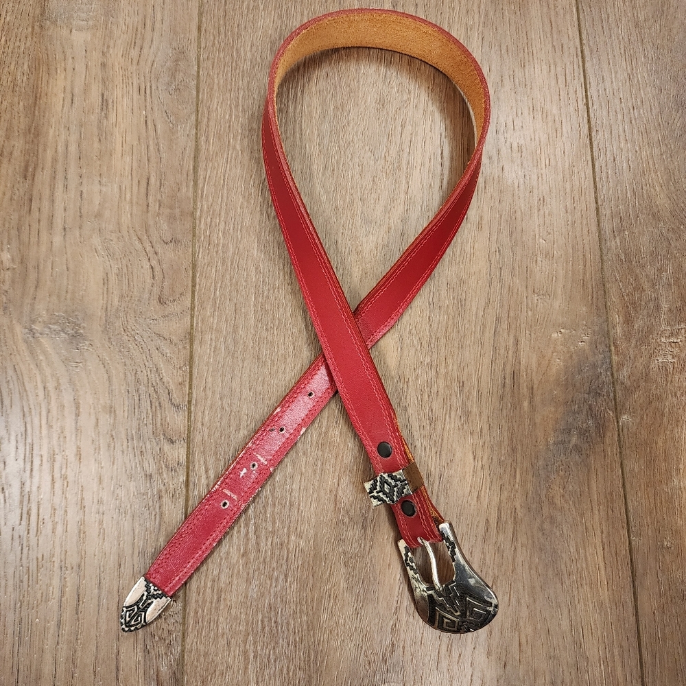 Nocona Red Leather Belt with Silver Aztec Southwestern Design Buckle size 26
